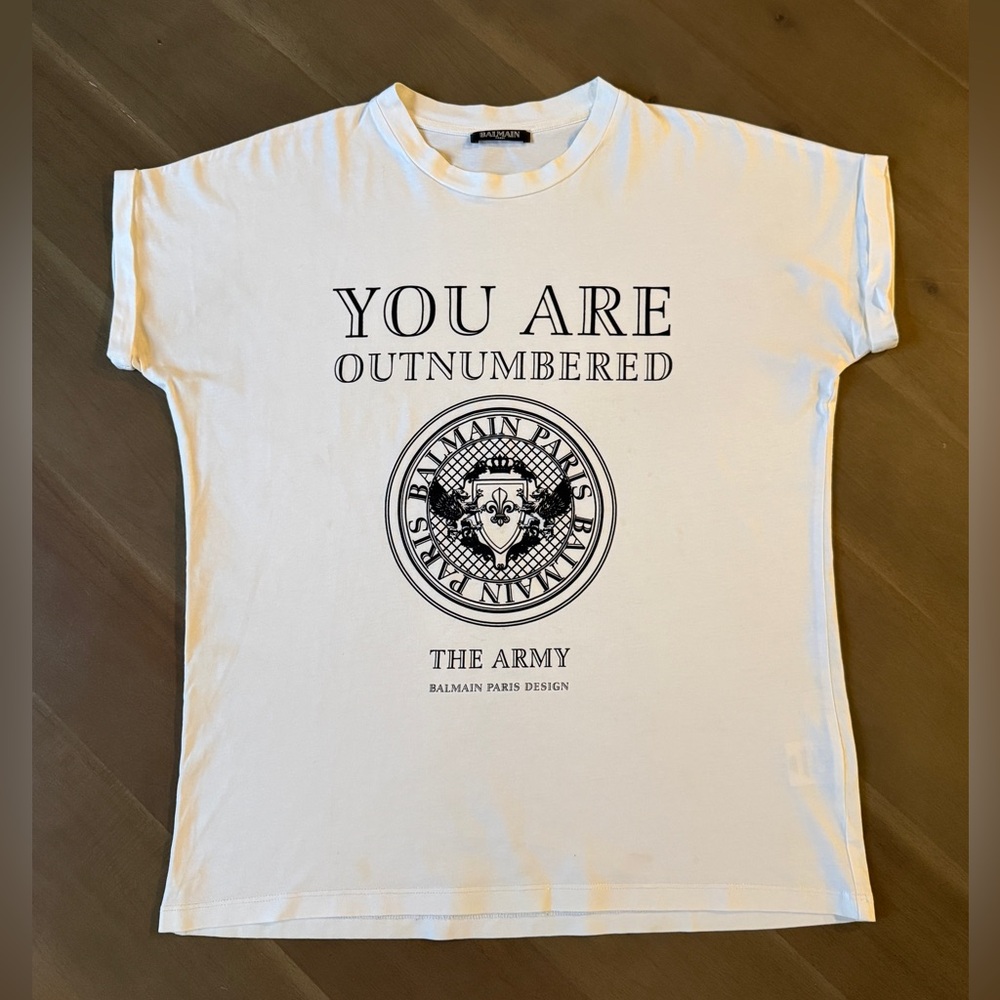 Balmain “You Are Outnumbered” Army Velvet Print Tshirt